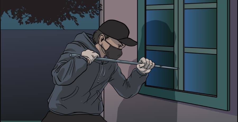 Illustration of burglar forcing entry through a window in Peoria