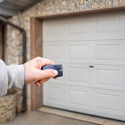 Peoria security key fob pointing to a garage door